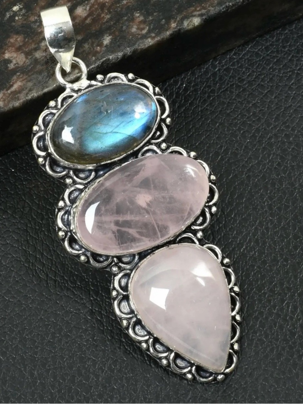925 Sterling Silver Triple Stone Pendant - 💗 Pink & Blue
